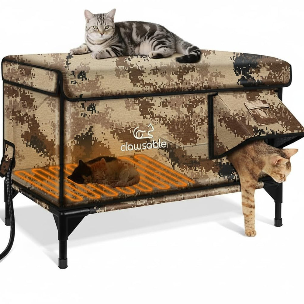 Rolimate indestructible heated cat house desert camouflage front view offers rugged outdoor shelter.
