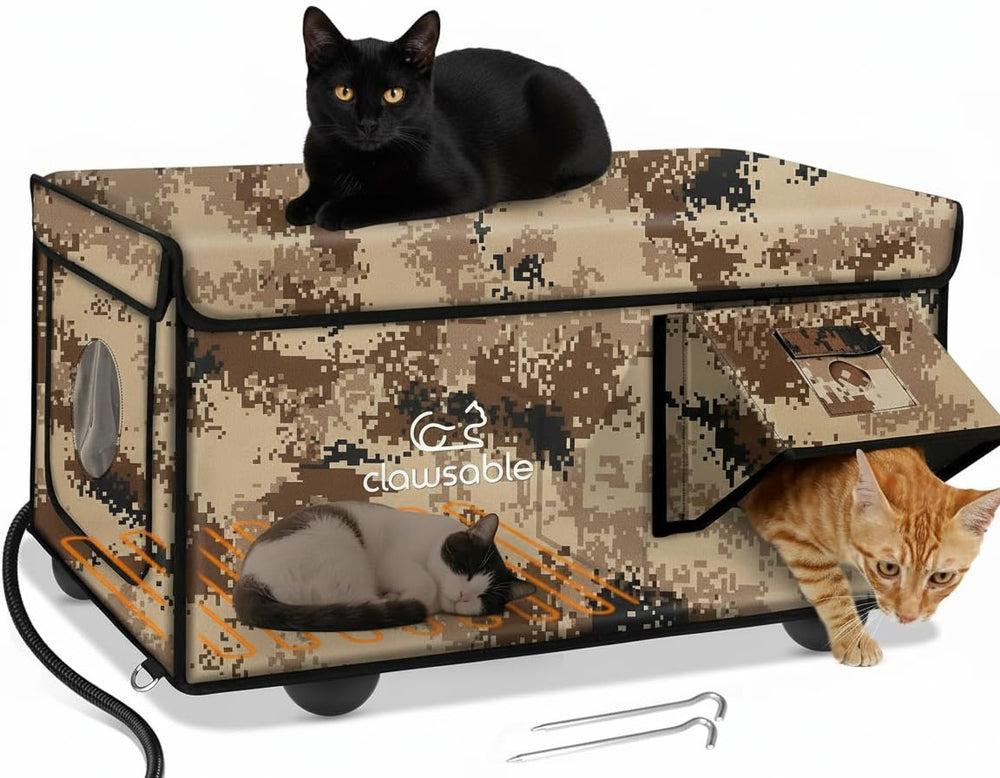 Rolimate heated cat house front view offers outdoor warmth and durable weatherproof shelter.
