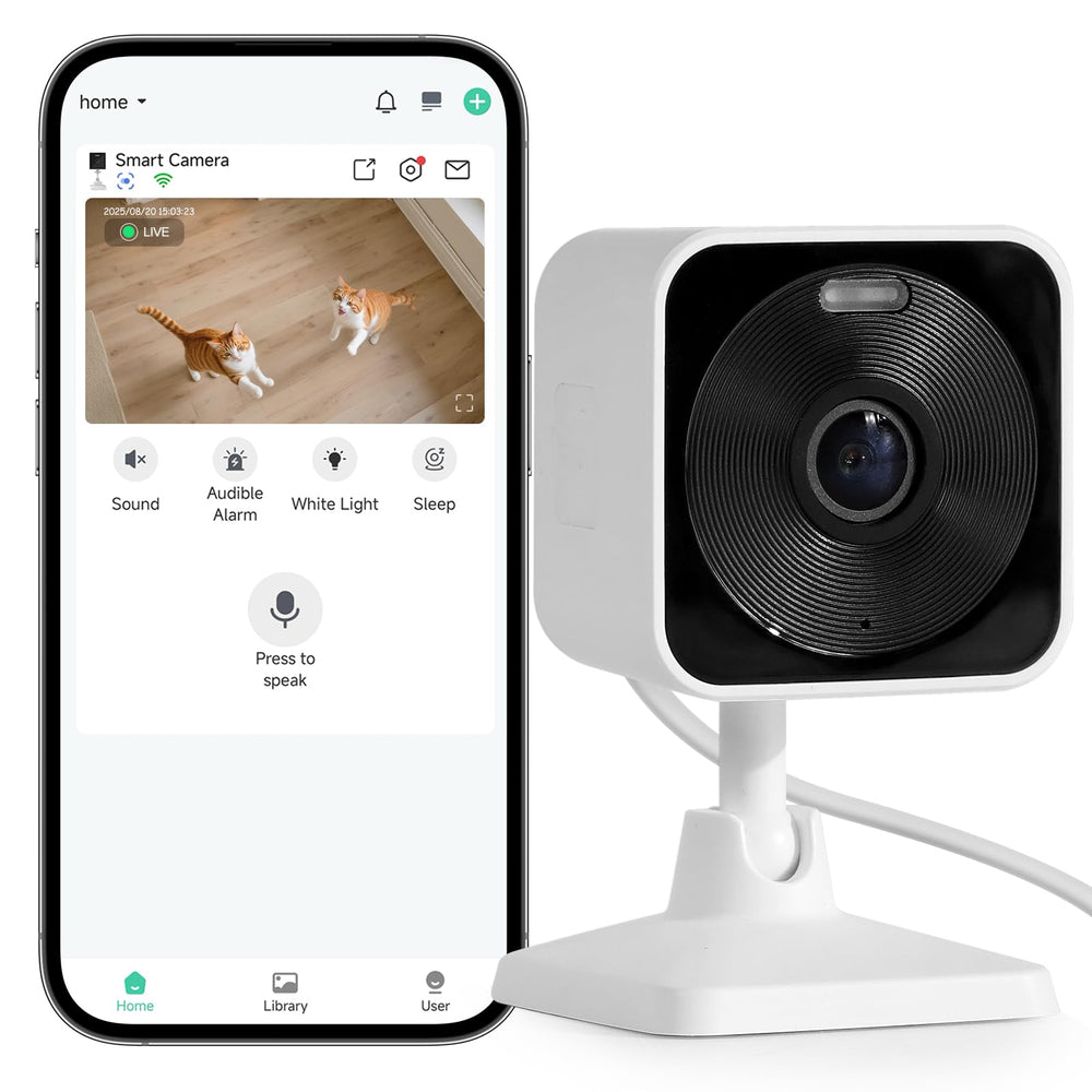 Rolimate pet camera in outdoor cat house shows live video for real-time monitoring