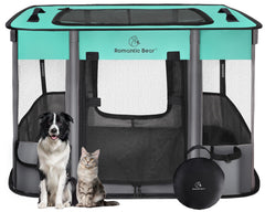 ROMANTIC BEAR dog playpen folded compactly for travel and storage.