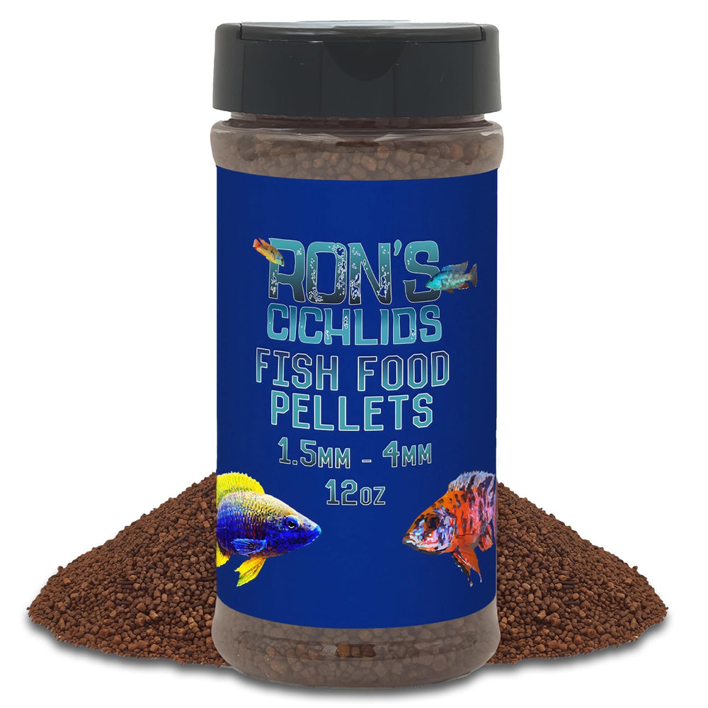 RON'S CICHLIDS food pellets bottle with slow-sinking formula supporting active feeding