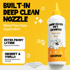 ROOFUS THE DOG Coconut Kisses conditioner bottle adds softness and manageability to the coat