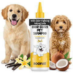 ROOFUS THE DOG Coconut Kisses shampoo bottle deodorizes and refreshes your dog's coat