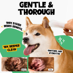 ROOFUS THE DOG ear wipes close-up showing a pre-moistened wipe for quick cleaning