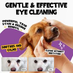 ROOFUS THE DOG Eye Wipes canister closeup shows hypoallergenic formula for sensitive pets.