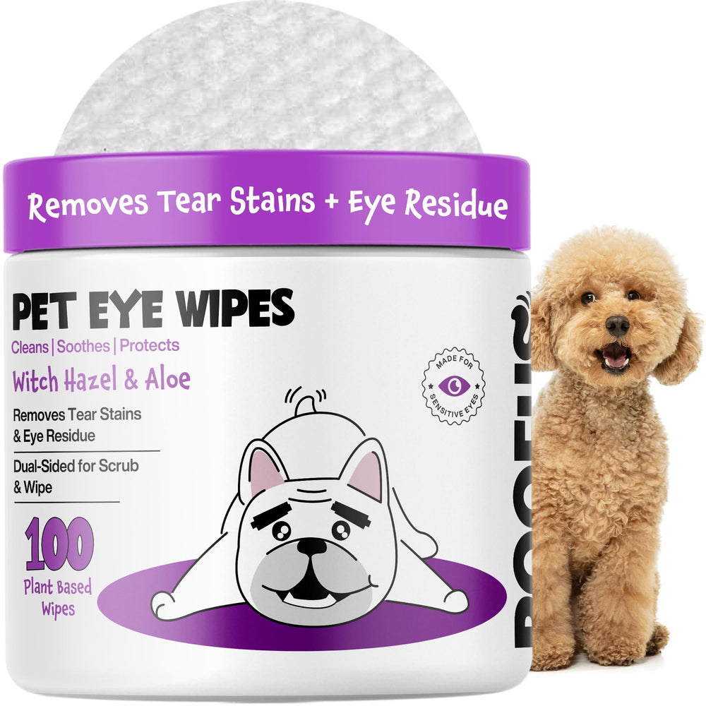 ROOFUS THE DOG Eye Wipes packaging showcases a 100-count canister for easy daily eye care.