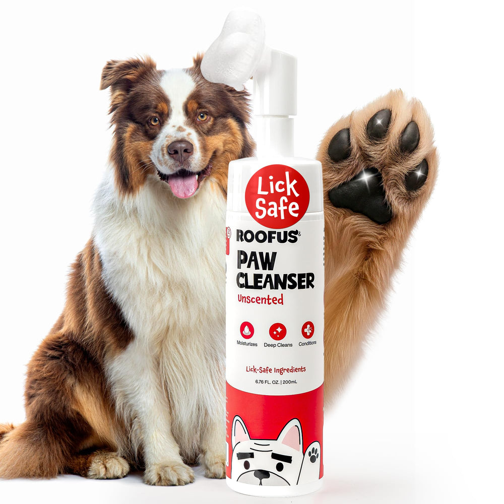 ROOFUS THE DOG Paw Cleaner bottle shows portable convenience for quick post-walk cleanups.