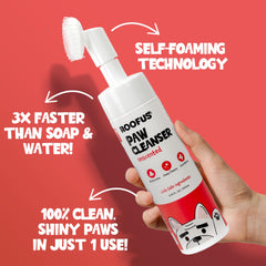 ROOFUS THE DOG Paw Cleaner foaming-cleanser highlights unscented, soothing cleansing.