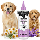 ROOFUS THE DOG probiotic shampoo bottle with lavender scent for deodorized fur.