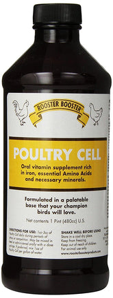 Rooster Booster Poultry Cell bottle front view highlighting iron-rich formula for poultry vitality.