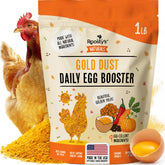Roosty's Gold Dust Daily Egg Booster packaging shows a ready-to-feed powder for healthier eggs.