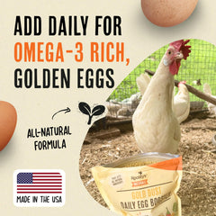 Roosty's Gold Dust Daily Egg Booster highlights brighter yolk color and natural pigmentation.