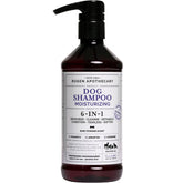 Rosen Apothecary 6-in-1 shampoo bottle showing gentle daily cleansing for dogs.