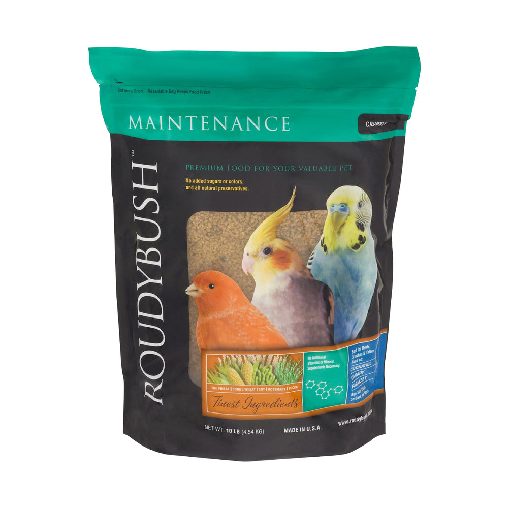 RoudyBush Daily Maintenance Crumbles bag shows balanced nutrition for daily feeding.