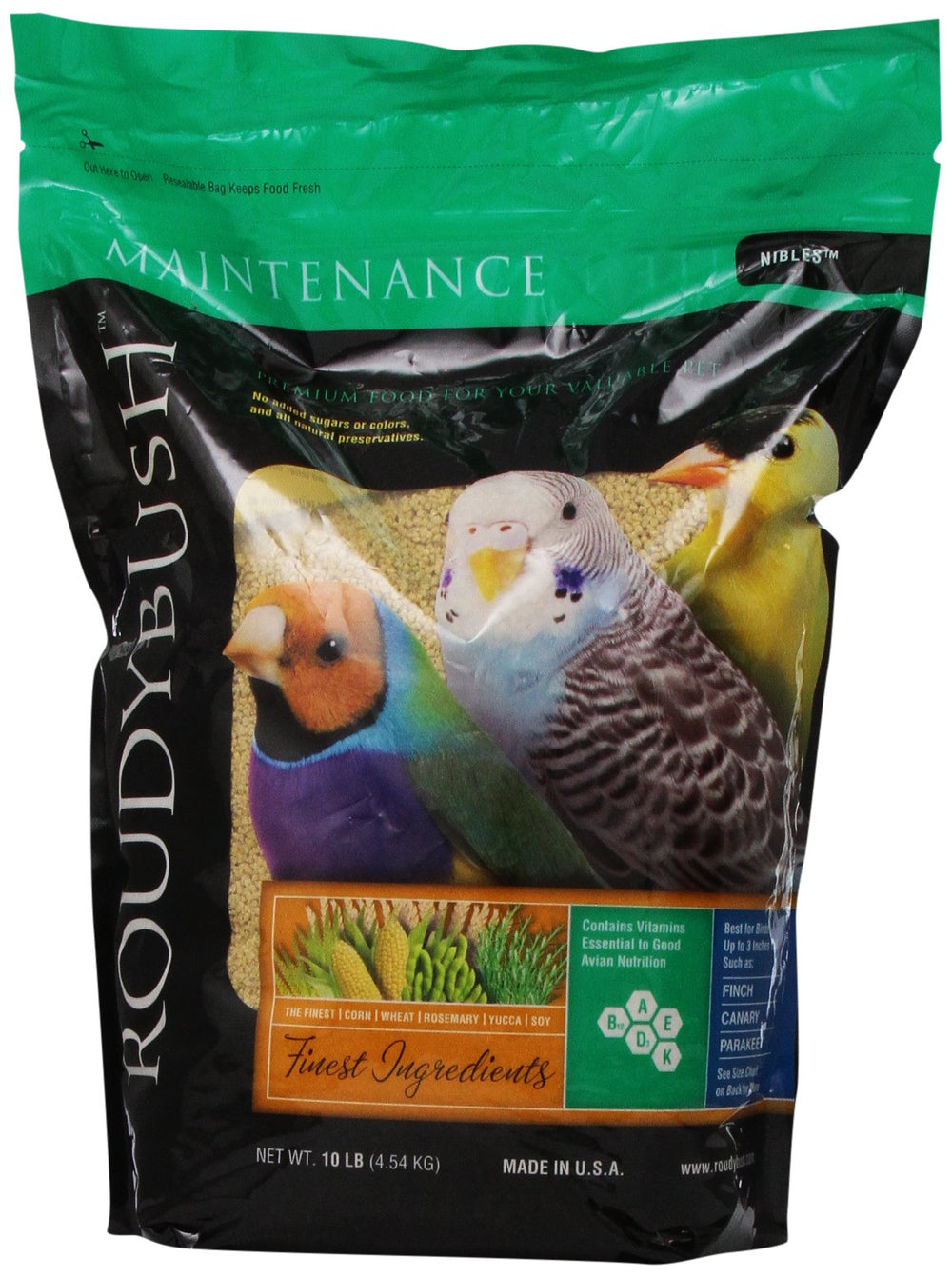 RoudyBush Daily Maintenance Nibbles in a 10lb bag for year-round bird nutrition.