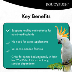 RoudyBush Senior Bird Diet pellets in dish show portion-controlled feeding.