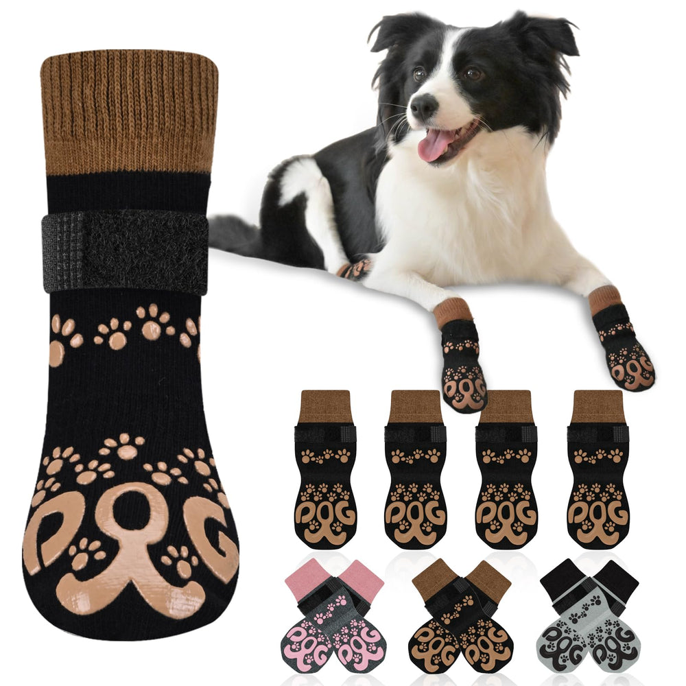 ROUWINNE anti-slip dog socks front view with snug fit and grip for confident indoor steps