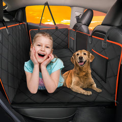 ROUWINNE back seat extender hero creates a spacious dog bed for car trips.