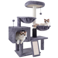ROYPET cat tree built-in grooming brushes reduce shedding and boost coat health.