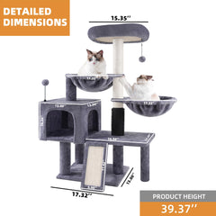 ROYPET cat tree scratching pads redirect claws to protect furniture.