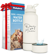 Rubyloo dog mom water bottle cream side view shows 32 oz capacity for on-the-go hydration