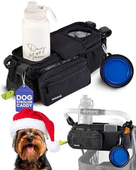 Rubyloo dog stroller caddy organizer shows organized space for treats and bags on walks
