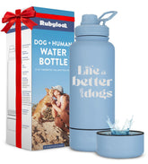 RubyLoo dog water bottle in dusty blue showing 32oz capacity for on-the-go hydration.