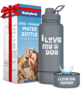 Rubyloo Love Smoky Grey bottle front view for on-the-go dog owners, durable hydration.