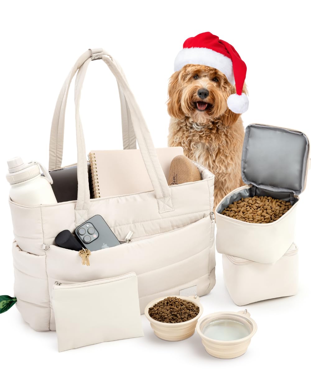 Rubyloo puffer dog travel bag in beige with organized compartments for on-the-go care