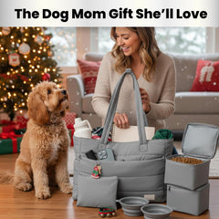 Rubyloo Puffer Tote gray side view with pockets for quick access to treats and wipes.