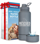 Rubyloo Rescue Dog Water Bottle with 32 oz capacity and leak-proof lid for on-the-go hydration.