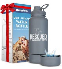 Rubyloo Rescue Dog Water Bottle with 32 oz capacity and leak-proof lid for on-the-go hydration.