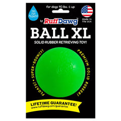 Ruff Dawg Ball XL neon close-up texture highlights durable chew-friendly design.