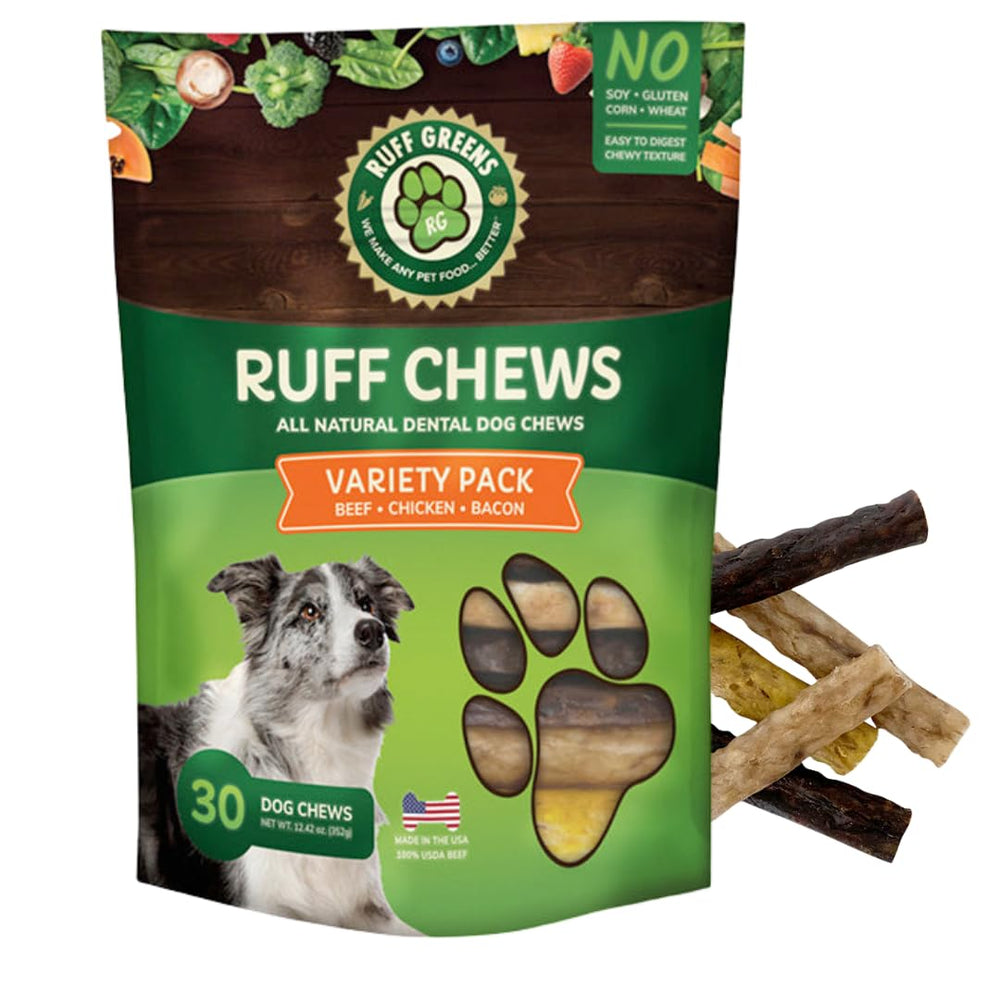 Ruff Greens Ruff Chews Variety Pack bag front supports daily rewards and dental care.