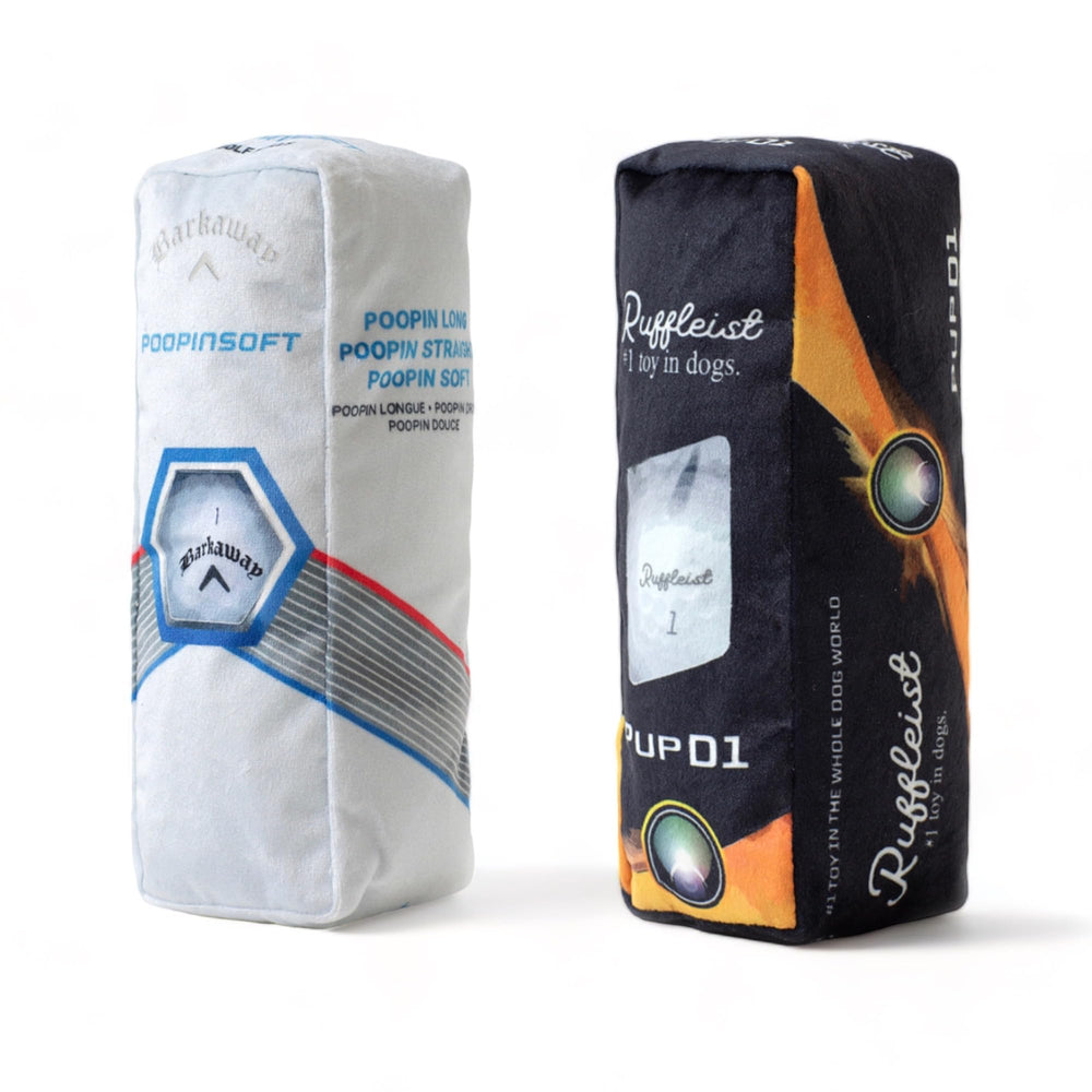 Ruff Puff golf-ball dog toy with squeaker—interactive fetch fun.