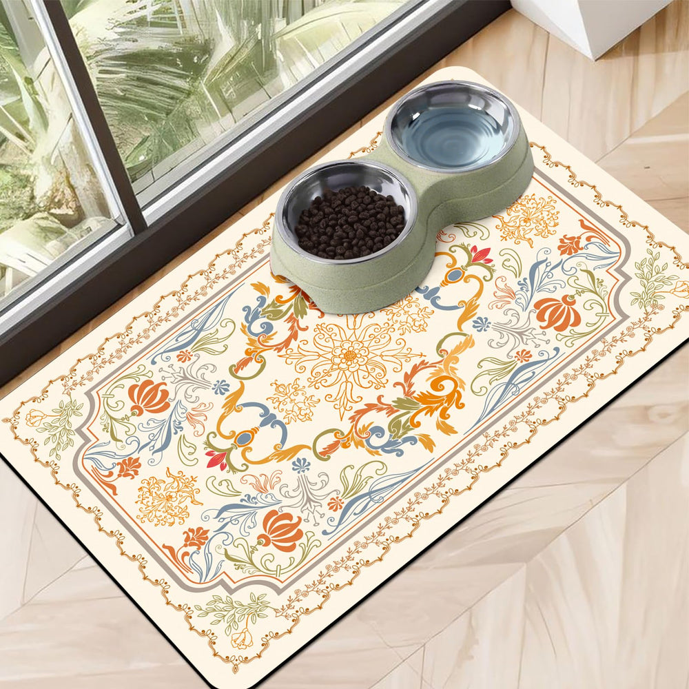 Ruirichfun dog food mat absorbent captures spills for a clean feeding area.