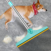 Rundik Carpet Rake with 45-inch handle in use, standing-clean convenience for pet hair.