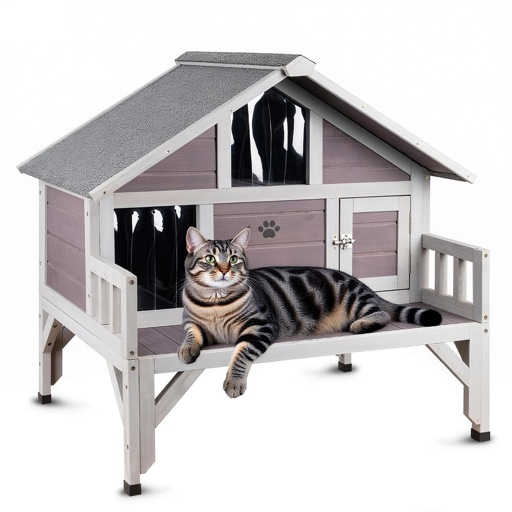 RUNSHED Outdoor Cat House balcony view demonstrates multi-cat shelter for winter warmth.