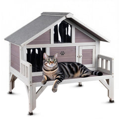 RUNSHED Outdoor Cat House balcony view demonstrates multi-cat shelter for winter warmth.