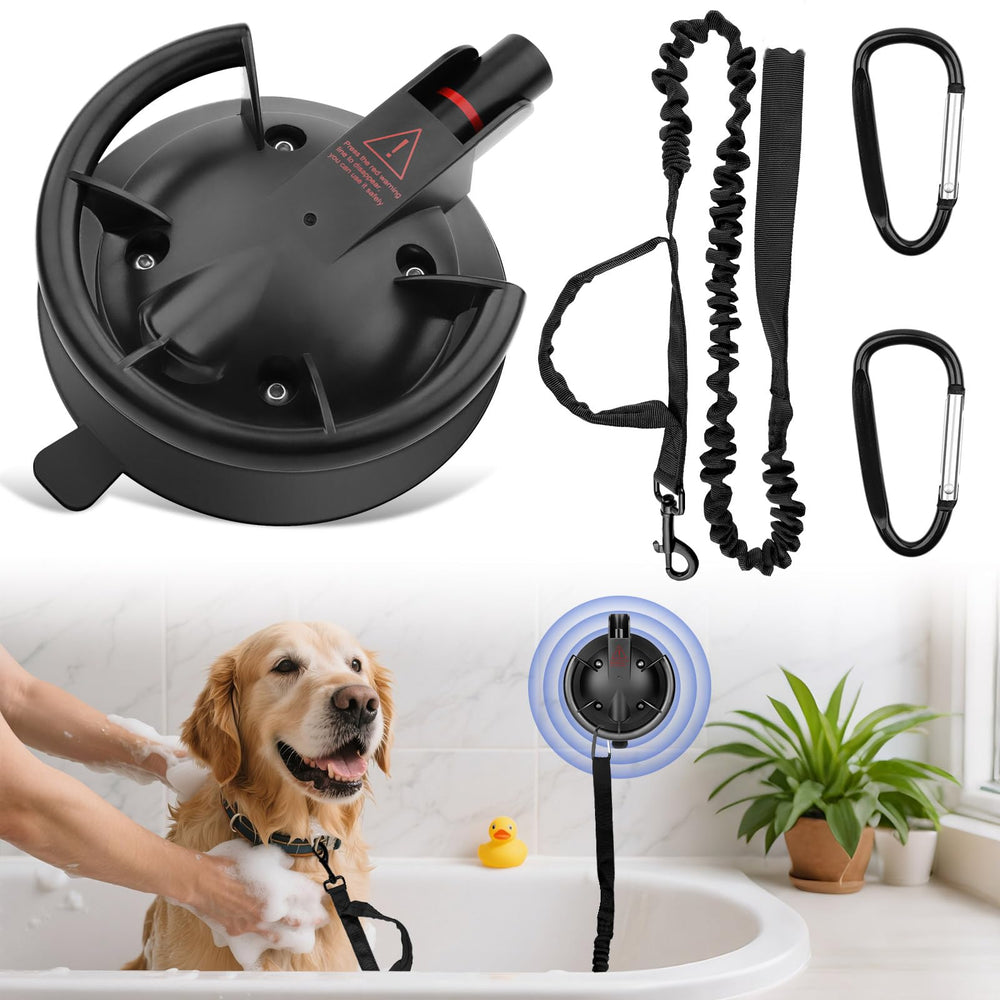 Ruppence dog bathing suction cup demonstrates adjustable height for different dogs.