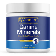 Rx Vitamins Canine Minerals bottle front for bone support and daily immune wellness.