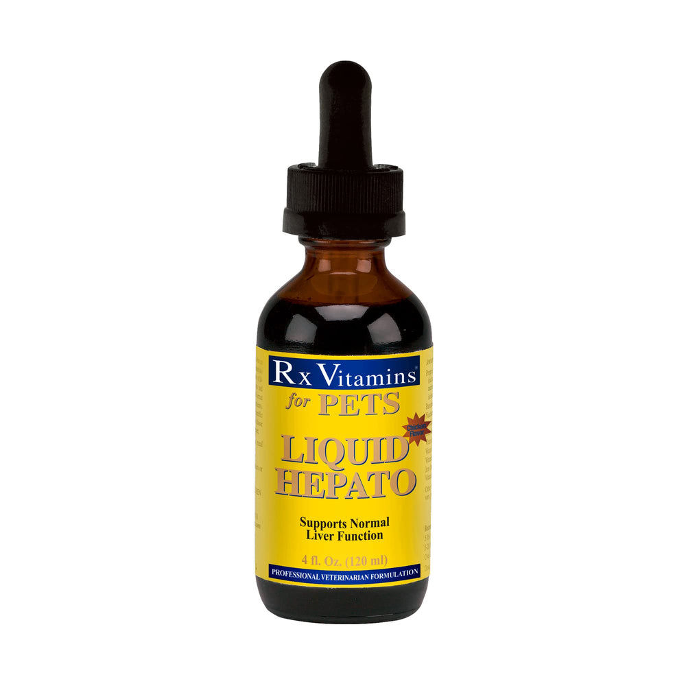 Rx Vitamins Chicken Flavor Liquid Hepato bottle for easy pet supplement dosing and palatability.