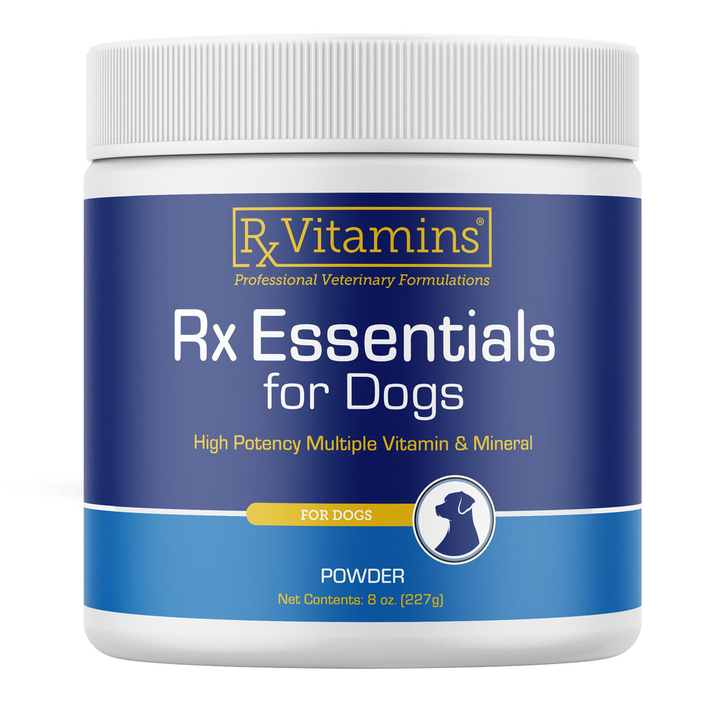 Rx Vitamins Essentials for Dogs bottle label signals a complete daily vitamin mix for wellness.