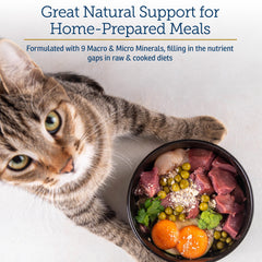 Rx Vitamins Feline Minerals cat eating bowl shows topper mixed into meals for daily balance