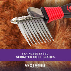 RYAN'S PET SUPPLIES Paw Brothers tool used on a dog during grooming to tackle mats.