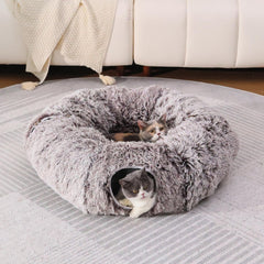 RYpetmia plush cat tunnel bed in living room setup offers a cozy retreat for indoor cats.