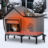Rywell heated cat house outside weatherproof roof delivers dry warmth during rain and cold.