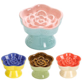 S&Q'S CERAMICS raised slow feeder cat bowl pink side view highlights stability to prevent tipping.