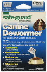 SAFE-GUARD canine dewormer packaging blue box shows ready-to-use pouches for easy dosing.