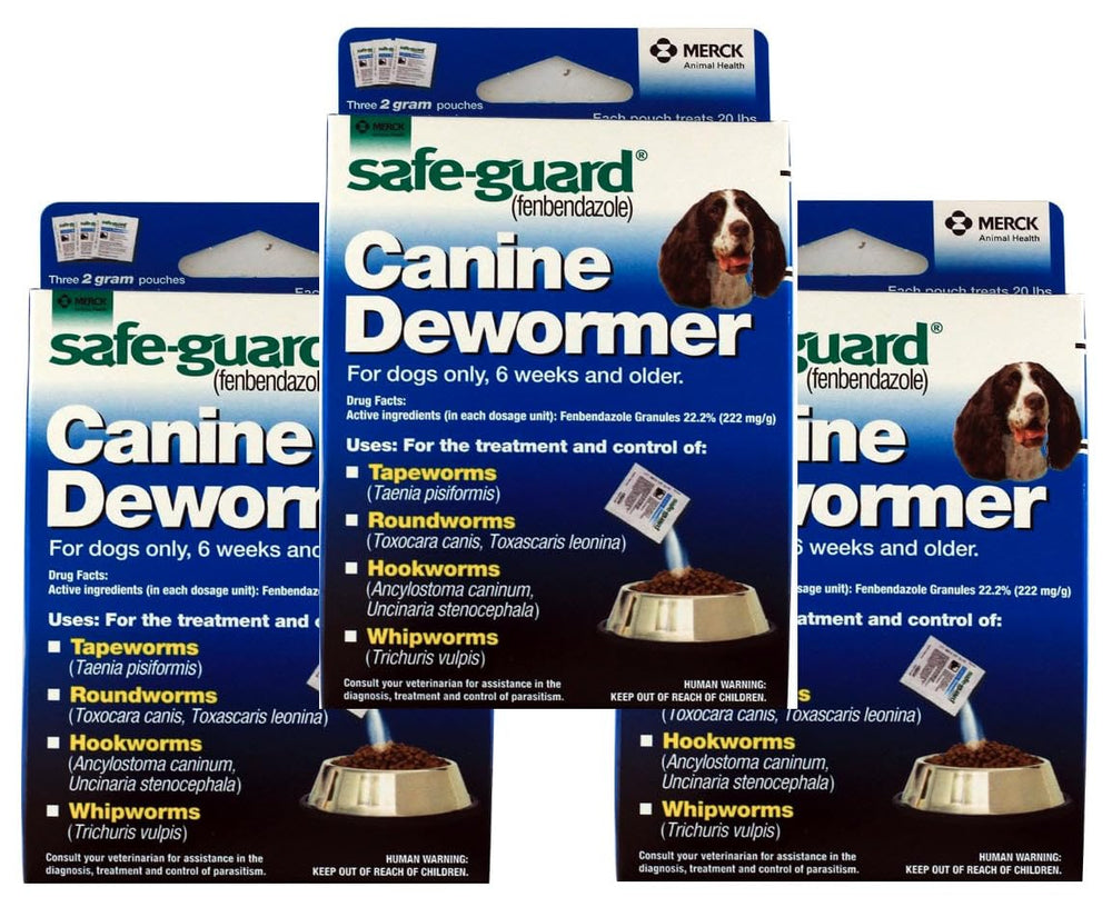 SAFE-GUARD canine dewormer pouches pack 3 offers easy dosing and broad-spectrum protection for dogs.